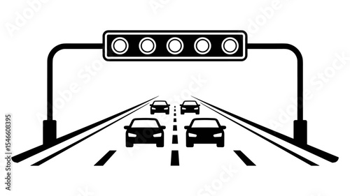 Black and white vector of multiple cars on highway under overhead traffic signal