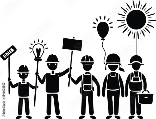 A diverse team of construction workers celebrating with symbols of ideas and unity in a bold black and white illustration