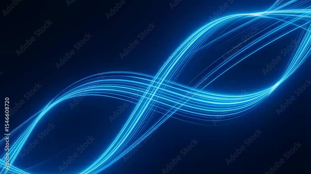 Animation of multiple blue shiny light lines smoothly moving and flowing on a black background, creating a dynamic, futuristic visual effect.
