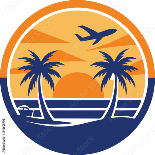 Tropical island beach vacation with palm trees and a vibrant sunset over the ocean