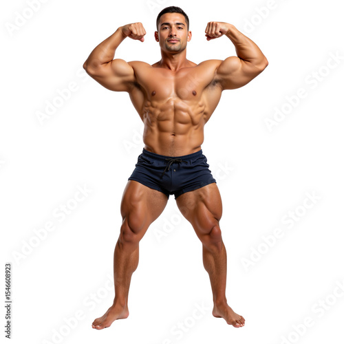 Muscular man flexing biceps and showing strength on white background  