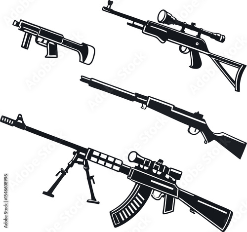 Assault rifle vector illustration of a black military weapon silhouette isolated on white