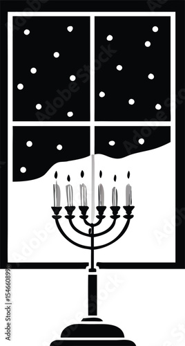 Black and white illustration of a menorah in a winter scene featuring a window with snowflakes during the holiday of hanukkah