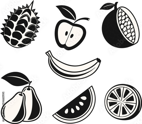 A vector illustration set of fresh fruits and vegetables, including apple, banana, pineapple, lemon, strawberry, and cherry icons