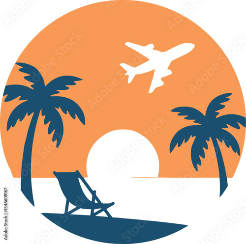 Tropical vector illustration of an island beach with palm trees, sun, and sea