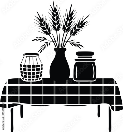Black and white still life illustration of a farmhouse table with decorative elements and grain