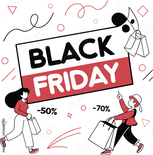 Black friday sale illustration featuring shoppers and discount offers with hand drawn elements on a white background