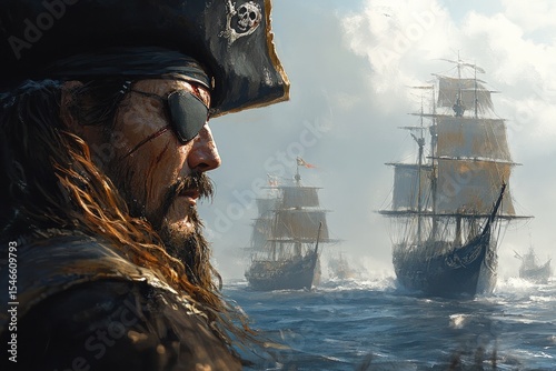 Pirate captain watches fleet at sea