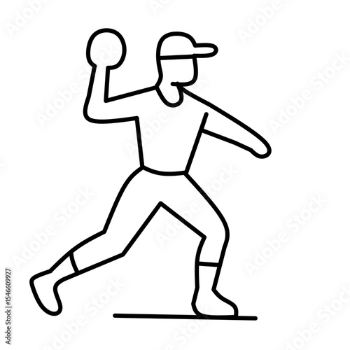 Simple line drawing of a baseball player throwing a ball. Wearing a cap, in mid-motion. Ideal for baseball and sports-related icons