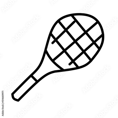 Simple line drawing of a tennis racket with strings. Essential sports equipment icon for tennis-themed visuals and designs.