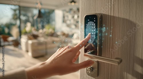 Smart Door Security: A high-tech smart door lock provides home security with fingerprint recognition and digital access for peace of mind. The door, featuring a metallic handle.