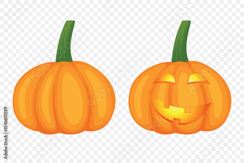 Vector Cartoon Pumpkins Collection with Carved Faces. Flat Colorful Pumpkin Stickers Set. Design Templates for Halloween, Fall, Harvest. Cute and Fun Simple Pumpkin Illustrations