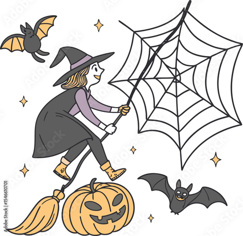 Cheerful cartoon witch flying with broom and pumpkin spider web and bats for halloween celebration