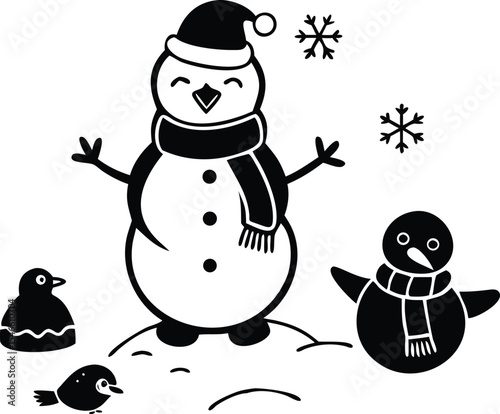 Cheerful black and white winter scene featuring a snowman and bird characters festive christmas holiday illustration in vector