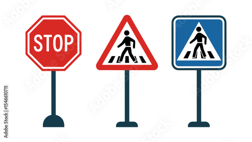 Set of vector traffic signs including stop, pedestrian warning, and information signs