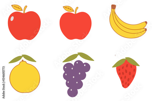 Illustration of six fruits: two red apples, a bunch of bananas, a lemon, a cluster of grapes, and a strawberry on a white background.