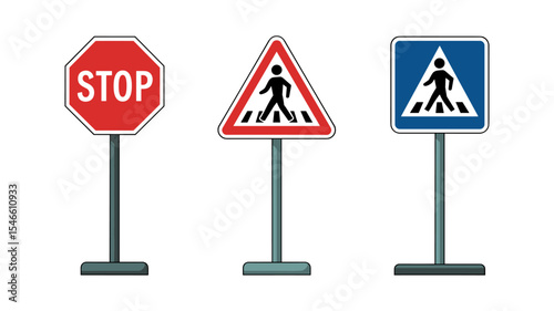 Set of vector traffic signs including stop, pedestrian warning, and information signs