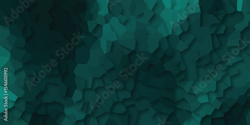 Artistic emerald green mosaic design composed of unique geometric fragment shapes creating a seamless and textured visual impression.
