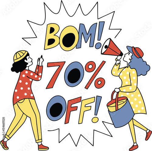 Colorful sale illustration featuring two figures announcing a seventy percent discount with megaphones and shopping bag elements