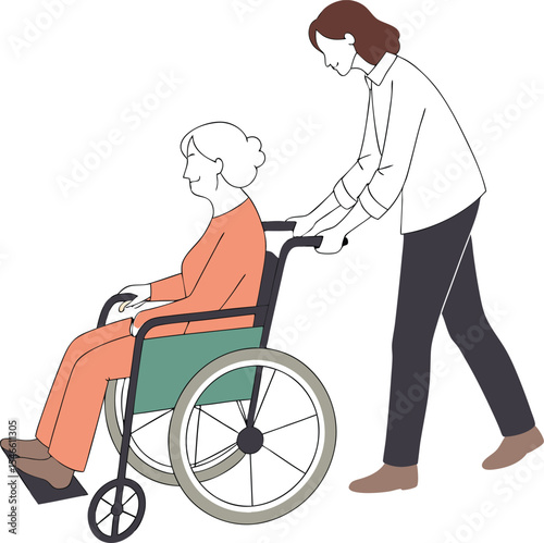 Elderly Woman in Wheelchair Assisted by Caregiver in Minimalist Digital Illustration