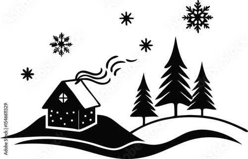 Cozy winter scene depicting a snowy landscape with a cabin and evergreen trees in a black and white silhouette
