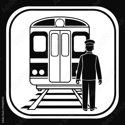 A train conductor stands facing away from the camera, waiting by a train on the tracks