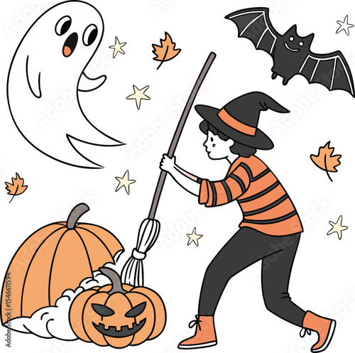 Cute halloween vector illustration featuring a witch with broom pumpkins ghost and bat against a white background suitable for festive decoration