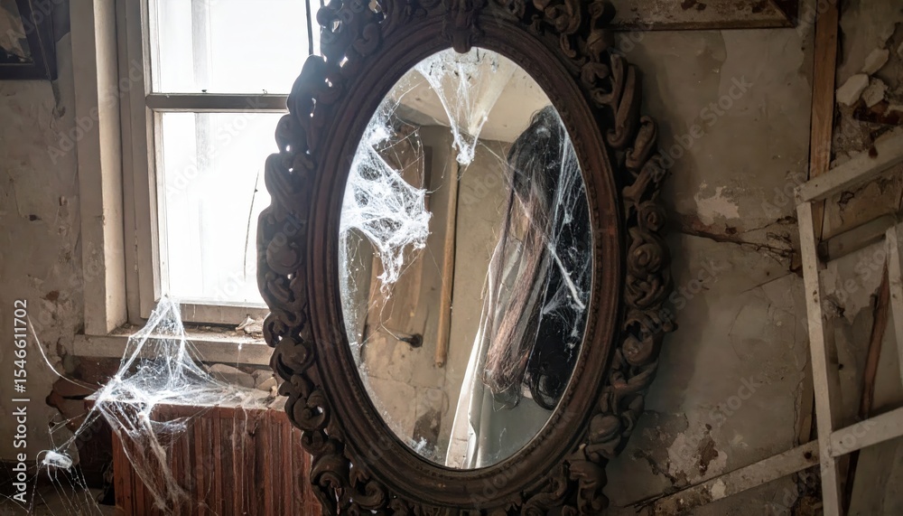 Fototapeta premium Reflective Mirror Surrounded by Cobwebs in an Abandoned Room with Natural Light Filtering Through