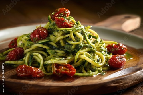 Zucchini noodles topped with fresh pesto and sun dried tomatoes on a rustic wooden plate