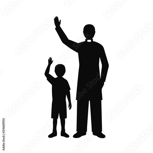 A priest and a boy wave, isolated on white background