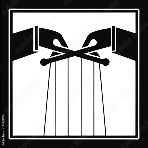 Two hands manipulate a puppet with strings