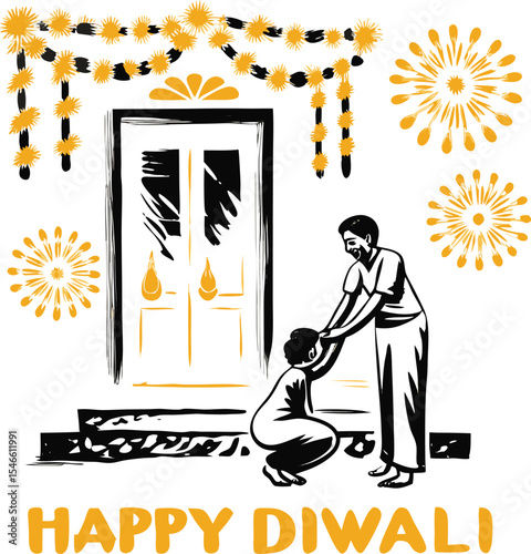 Diwali celebration vector illustration featuring a father and daughter near decorated doorways festive greetings and holiday imagery