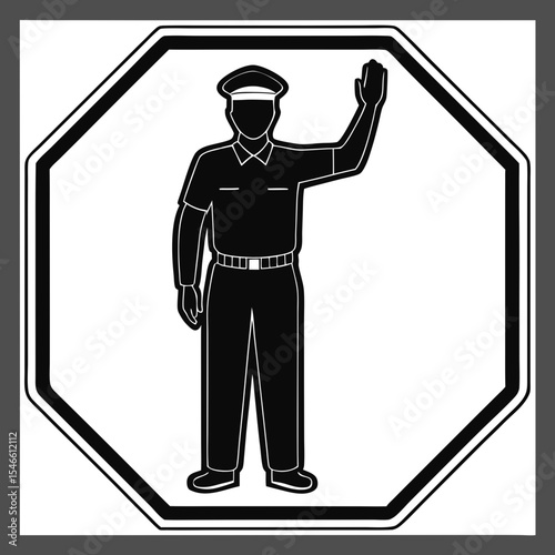 A silhouette of a police officer giving a hand signal inside an octagon, isolated on white background