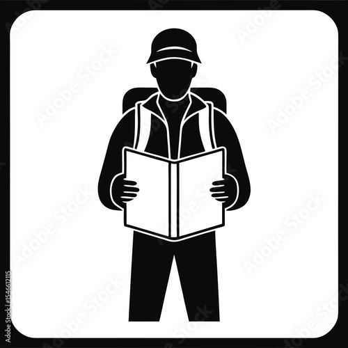 A black and white illustration of a hiker reading a map