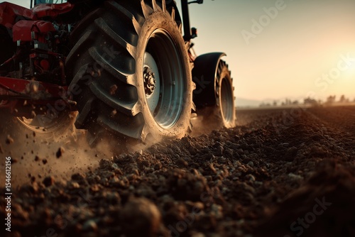 Red tractor plowing dark soil in a large agricultural field during sunset hours