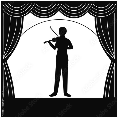 A silhouette of a violinist performing on a stage with curtains, isolated on white background