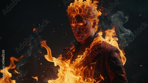 Person Engulfed in Flames with Glowing Eyes and Wearing a Jacket in Darkness