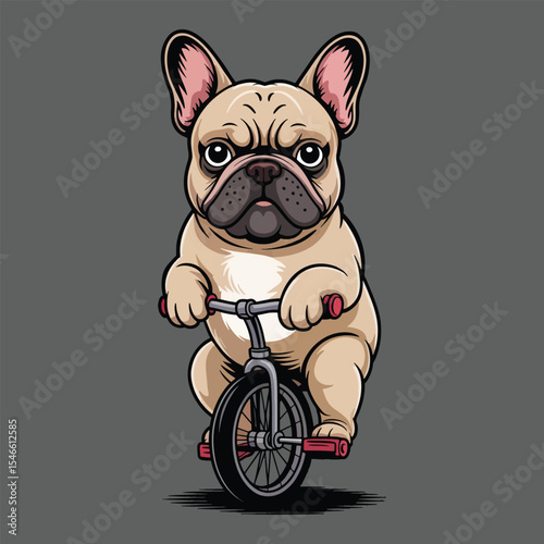 A chubby French Bulldog sitting on a mini bubble-themed unicycle 