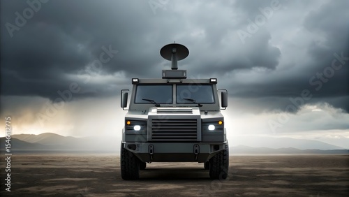 Military armored vehicle in a desert storm