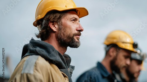 Construction Workers in Action: A stoic construction worker, eyes fixed on a task, stands alongside fellow workers, exuding strength and determination in a moment captured in a photo. 