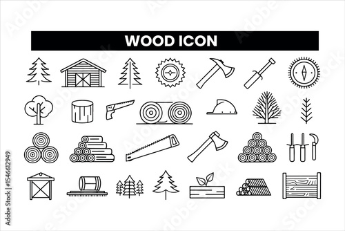 Set of  outline icons related wood icon collection. Editable stroke. Vector illustration