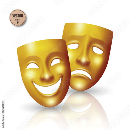 Vector Realistic Theater Mask Set. Comedy and Tragedy Masks. Classic Yellow Gold Theater Mask for Stage Design, Greek Drama, Acting, Performing Arts. Theater Mask, Isolated