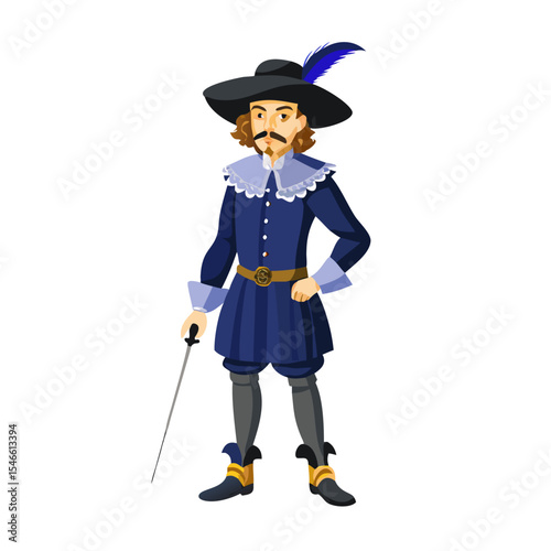 Musketeer Cartoon Character in Blue Outfit – Historical French Swordsman Illustration with Feathered Hat and Rapier for Costume, Theater, or Storybook Art