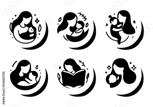This image features six circular line art illustrations of mothers holding babies. vector logo set