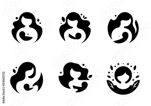 This image features six circular line art illustrations of mothers holding babies. vector logo set