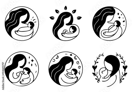 This image features six circular line art illustrations of mothers holding babies. vector logo set