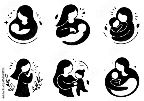 This image features six circular line art illustrations of mothers holding babies. vector logo set