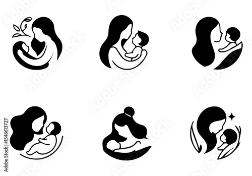 This image features six circular line art illustrations of mothers holding babies. vector logo set