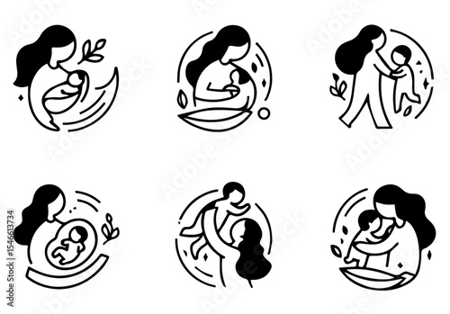 This image features six circular line art illustrations of mothers holding babies. vector logo set