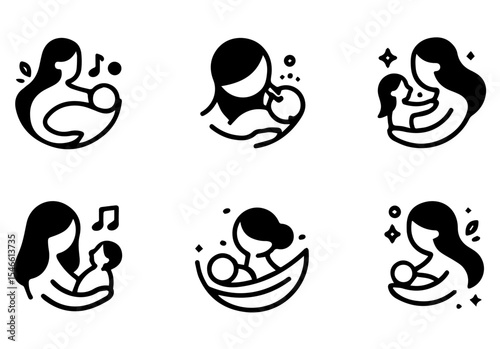 This image features six circular line art illustrations of mothers holding babies. vector logo set